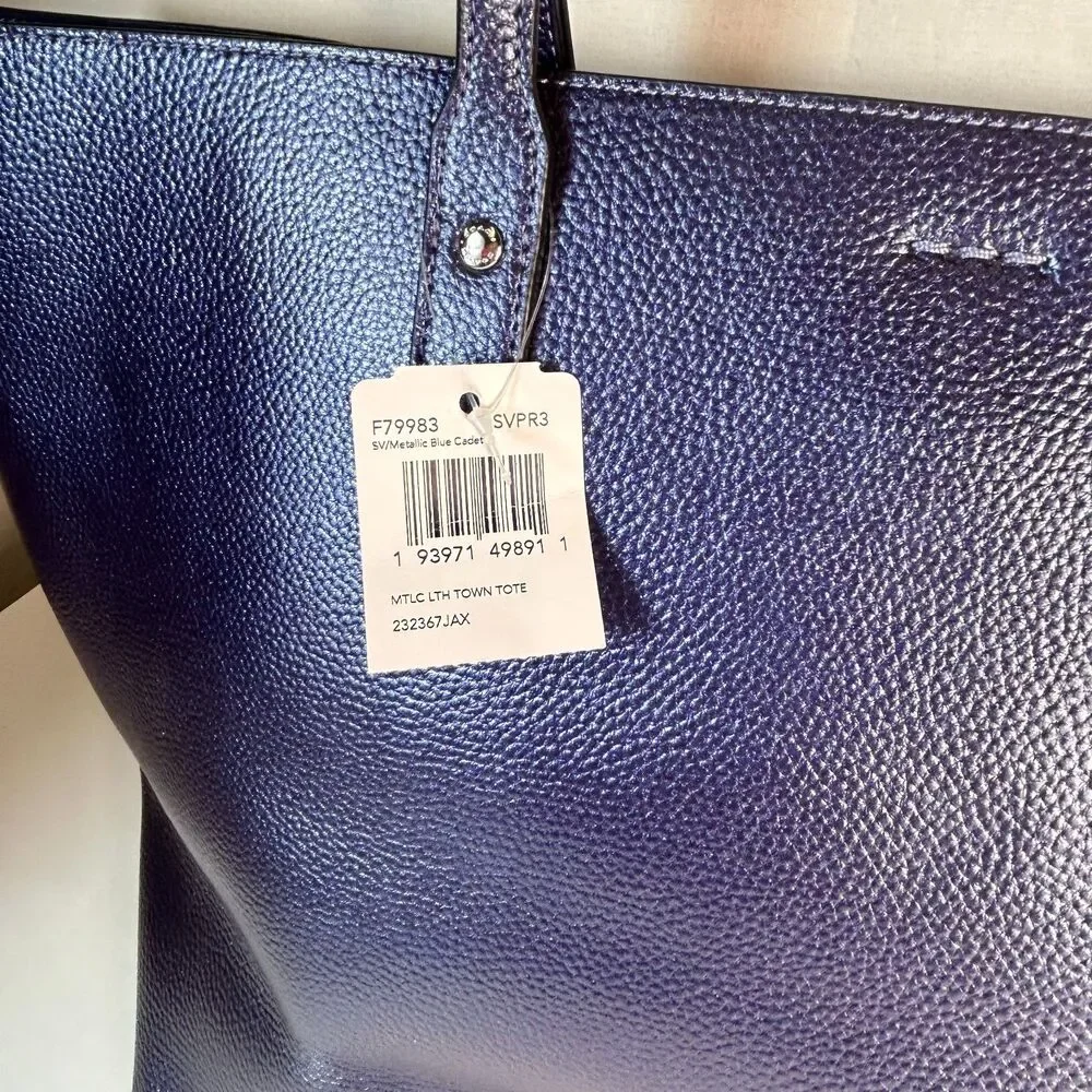 Coach NWT #679983 Navy Blue Iridescent Pebble Leather Large Town Tote